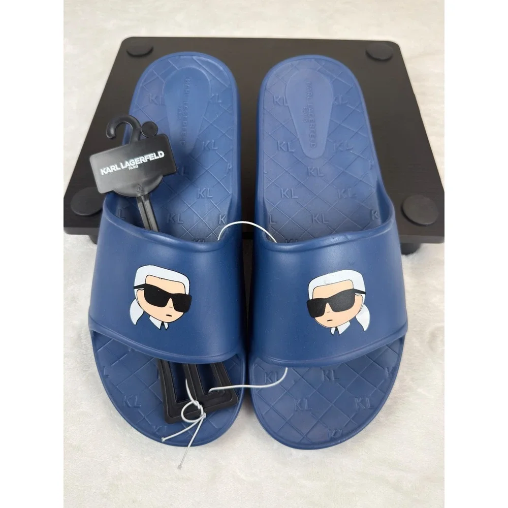 Karl Lagerfeld Paris Mens Blue Ikonik Head Rubber Slide Sandals Size 12 NWOB
